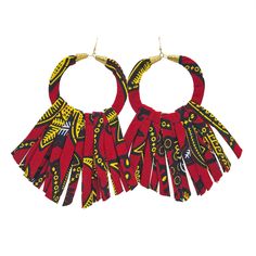 These mixed wax print fringe earrings are to die for, and they're lightweight! Are you ready for constant compliments on how cute you look? You can't go wrong these beauties! The quality of these earrings are outstanding. They've been sewn into perfect sized strips then flipped at the bottom has been cut at an angle to ensure these beauties stay looking great beyond the first time you wear them! Measurement: Length: approx 6 in. Width: approx. 4 in. Color: Red, Black, Yellow Fabric: Ankara Fring Ankara Earrings, Backpack Lunch Bag, Crimson Red, African Jewelry, Red Green Yellow, Experience Gifts, Yellow Fabric, Wax Print, Fabric Jewelry