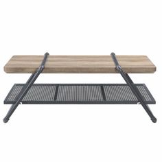 a wooden bench sitting on top of a metal frame