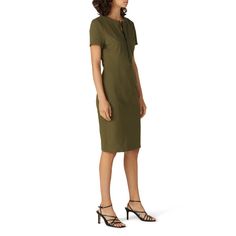 Green jacquard (100% Polyester). Sheath. Short sleeves. Crew neckline. Exposed front zipper closure. 39" from shoulder to hemline. Imported. Zip Front Dress, Rent The Runway, Closet Designs, Front Zipper, Green Dress, Crew Neckline, Tshirt Dress, Dresses For Work, Short Sleeve Dresses