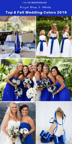 the bride and her bridals are posing for pictures in their blue wedding dresses