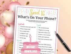 a printable sweet 16 birthday checklist with balloons and confetti in the background