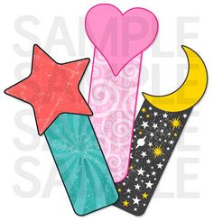 three bookmarks with stars, moon and heart shaped shapes on them in different colors