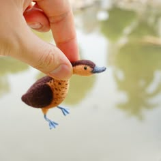 a hand holding a tiny toy duck in front of water