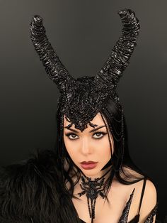 Black Horned Costume Hats For Cosplay, Black Horned Costume Hats And Headpieces, Black Horned Fantasy Costume Accessories, Fantasy Horned Costume Accessories For Masquerade, Black Horned Costume Hat For Fantasy Events, Black Horned Hat For Fantasy Events, Black Horned Festival Costume Headpiece, Black Horned Festival Costume Hat, Black Horned Festival Hat