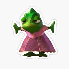 a green frog in a pink dress with her arms outstretched