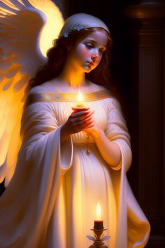 an angel holding a lit candle in her hands