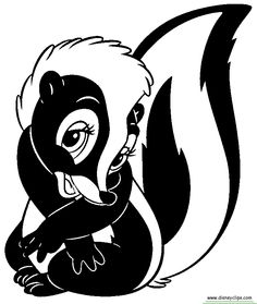 a cartoon skunk with blue eyes and white tail sitting on top of a gray background