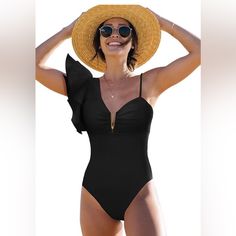 Sporlike Traje De Bao De Una Pieza Para Mujer Con Volantes Y Un Hombro Acolchado Monokini Elegant Black One Piece For Summer, Elegant Black One-piece For Summer, Elegant Black One-piece For Vacation, Elegant One-piece With Ruffles, Elegant Sleeveless Ruffled One Piece, Elegant Sleeveless Ruffled One-piece, Chic Ruffled One-piece For Party, Elegant Ruffled One Piece For Summer, Elegant Ruffled One-piece For Summer