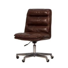 a brown leather office chair sitting on top of a metal casteor wheel base desk