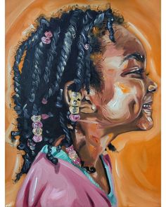 a painting of a woman's face with braids on her hair and wearing a pink shirt