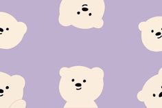 four white teddy bears with black eyes and nose shapes on a lilac wallpaper background