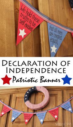 an image of a patriotic banner with the words declaration of independence written in red, white and blue