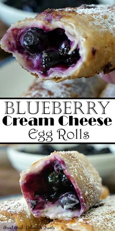 blueberry cream cheese egg rolls are stacked on top of each other and ready to be eaten