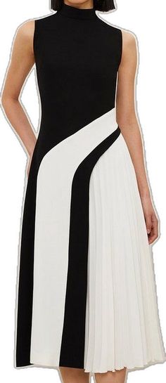 Elegant Color Block Evening Dress, Elegant Evening Color Block Dress, White Color Block Midi Dress, Elegant Color Block Midi Dress, Elegant Color Block Midi Dress For Spring, Chic Midi Length Color Block Dress, Elegant Spring Color Block Midi Dress, Elegant Sleeveless Color Block Midi Dress, White Fitted Knee-length Pleated Dress