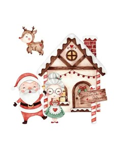 a watercolor painting of santa and mrs claus in front of a gingerbread house