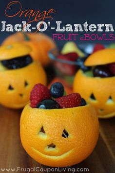 an advertisement for jack - o - lanternen fruit cups with oranges and raspberries in them