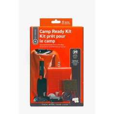 the camping kit is packaged in an orange package