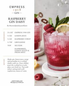 the raspberry gin daisy cocktail is garnished with fresh berries and mint