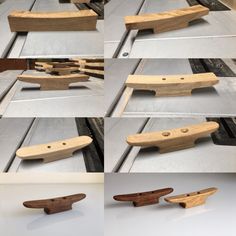 four different views of a skateboard being made out of plywood and other wood