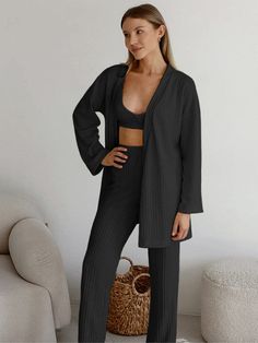 women wear a black color Loose Striped Long Pants Pajama Robe Set Linen Nightgown, Cotton Pajama Shorts, Matching Robes, Silk Nightgown, Comfortable Design, Winter Nights, Pajama Robe, Pajama Shirt, Pajama Shorts