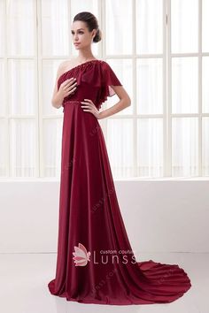 one shoulder rhinestone wine chiffon unique evening dress One-shoulder Chiffon Maxi Dress For Prom, One-shoulder Chiffon Evening Dress For Prom, One-shoulder Chiffon Evening Dress For Wedding, Design Your Own Dress, Glitter Prom Dress, Prom Dress With Train, Dress Train, Wine Dress, Military Ball Dresses