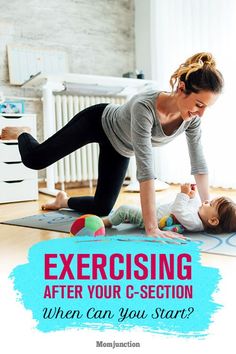 a mother and her baby doing exercises on their yoga mats with the words exercising after your g - section when can you start?