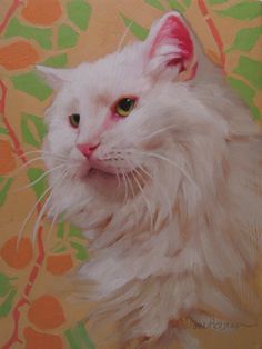 a white cat with green eyes sitting on a floral background and looking at the camera