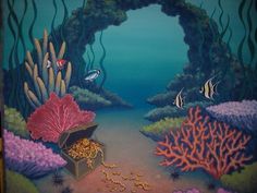 an underwater scene with corals, fish and seaweed in the foreground is a box containing gold coins