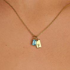 The Tiny Tag Initial Birthstone Necklace artfully combines personalized charm with a touch of color. This refined piece features a sleek gold tag, delicately engraved with your chosen initial, alongside a vibrant birthstone that dangles with light-catching allure. Perfect for celebrating a loved one's special month or adding a meaningful touch to your ensemble, this necklace serves as a daily reminder of personal significance and style. Birthstone dimension: 4 mm x 6 mm; Initial dimension: 10 mm Initial Pendant Charms For Gifts, Initial Pendant Charms As Gift, Yellow Gold Birthstone Charms For Gifts, Yellow Gold Initial Pendant Charm Necklace With Birthstone, Gold Charms With Birthstone For Gifts, Personalized Dainty Initial Pendant Charms, Yellow Gold Charm Necklace With Birthstone Initial Pendant, Yellow Gold Birthstone Initial Pendant Charm Necklace, Dainty Personalized Initial Pendant Charms