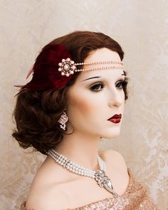 "Pearl Great Gatsby Headpiece, Gray Feather Pearl Brooch Art Deco Headband, Daisy Costume, 1920's Accessories Stunning Art Deco inspired flapper headband made with burgundy feathers and a stunning rose gold pearl brooch and rhinestone trim. The rhinestone trim is 16\" long and has burgundy elastic band in the back. This headpiece is perfect for your 1920's themed party! ♥Feathers are available in various colors. ♥The rhinestone headband is available in silver and rose gold colors. Matching earri Vintage Formal Headband Headpiece, Vintage Headband For Formal Occasions, Vintage Formal Headband, Vintage Adjustable Hair Accessories For Formal Events, Vintage Adjustable Hair Accessories For Formal Occasions, Vintage Formal Adjustable Hair Accessories, Vintage Feather Headpieces For Vintage Events, Vintage Feathered Headpieces For Vintage Events, Vintage Headband Headpiece Gift