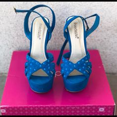 Brand New Never Worn. Blue Shoes Heels & Wedges, Blue High Heel Platform Shoes, Blue Chunky Platform Open Toe Heels, Denim Blue Open Toe Platform Heels, Heels Ideas, Blue 4-inch Wedge Heels, Shoe Dazzle, Platform Sandals, Shoes Women Heels