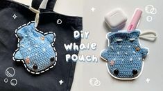 a crocheted bag with an animal keychain attached to it, next to a diy whale pouch