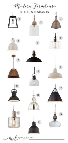 the different types of pendant lights for kitchen island and dining room lighting, with numbers on each