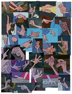 many different images of hands and fingers in various poses, with one pointing at the camera