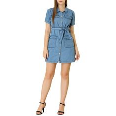 Featuring a point collar, button-down, and belt for a casual chic look. Pair with ankle boots or chunky sneakers for a casual look. This denim shirt dress is the good choice for fall or spring. The cotton-blend denim fabric keeps the dress has a refined silhouette and ensures all-day comfort. Comes with a belt, gathering around the waist bringing a feminine touch. Add another cooler-season dress to your assortment with this style. This shirtdress comes short sleeve with a flattering tie waist an Casual Collared Denim Dress, Casual Knee-length Denim Dress For Work, Casual Cotton Denim Dress For Work, Casual Collared Blue Denim Dress, Casual Blue Collared Denim Dress, Blue Collared Denim Dress Casual, Casual Collared Denim Dress For Fall, Trendy Belted Denim Summer Dress, Casual Spring Denim Dress With Buttoned Pockets