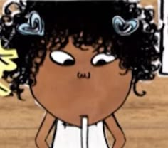 a drawing of a girl with curly hair and blue eyes, standing in front of a basketball hoop