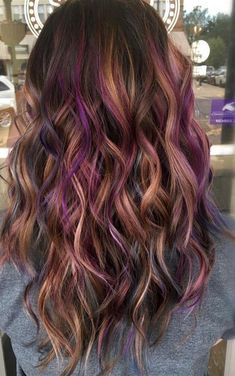 Caramel Violet Highlights, Merlot Hair With Blonde Highlights, Peanut And Jelly Hair Color, Hair Color For Ends Of Hair, Bold Color Highlights Hair, Copper And Purple Hair Highlights, Brunette Hair With Pop Of Color, Summer Hair Color For Light Brown Hair, Peekaboo On Dark Hair