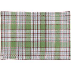 a green and white plaid placemat with red trim on the edges, in front of a