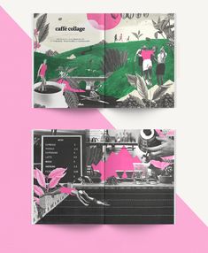 an open book with pink and green graphics