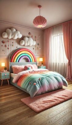 a bedroom with a bed, pink curtains and a rainbow themed headboard on the wall