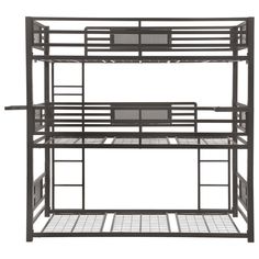 a metal bunk bed with two sets of stairs