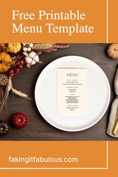 a white plate with a menu on it next to some pumpkins and gourds