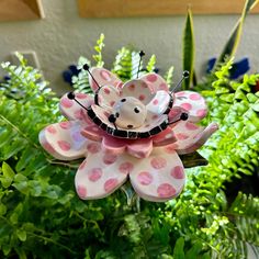 a pink and white flower sitting on top of green plants