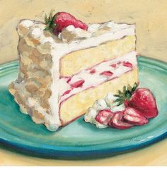 a painting of a piece of cake and strawberries on a green plate with the words, strawberry shortcake