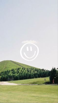 a smiley face drawn in the middle of a green field with trees on top of it