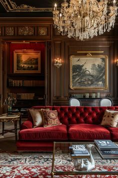 a red couch sitting in a living room under a chandelier