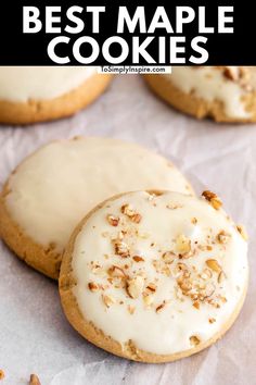 the best maple cookies with white frosting and chopped walnuts on top are ready to be eaten