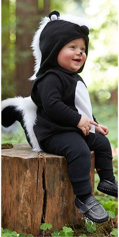 a baby sitting on top of a wooden stump in the woods wearing a cat costume