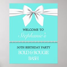 a blue birthday party card with a white bow and pearls on the front, welcome to stephanie's 30th birthday party