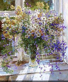 a painting of flowers in a vase on a window sill